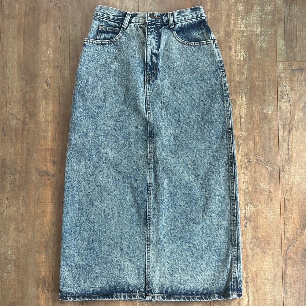 Vintage High Rise Acid Wash Denim Jean Midi Skirt Size 7 Small